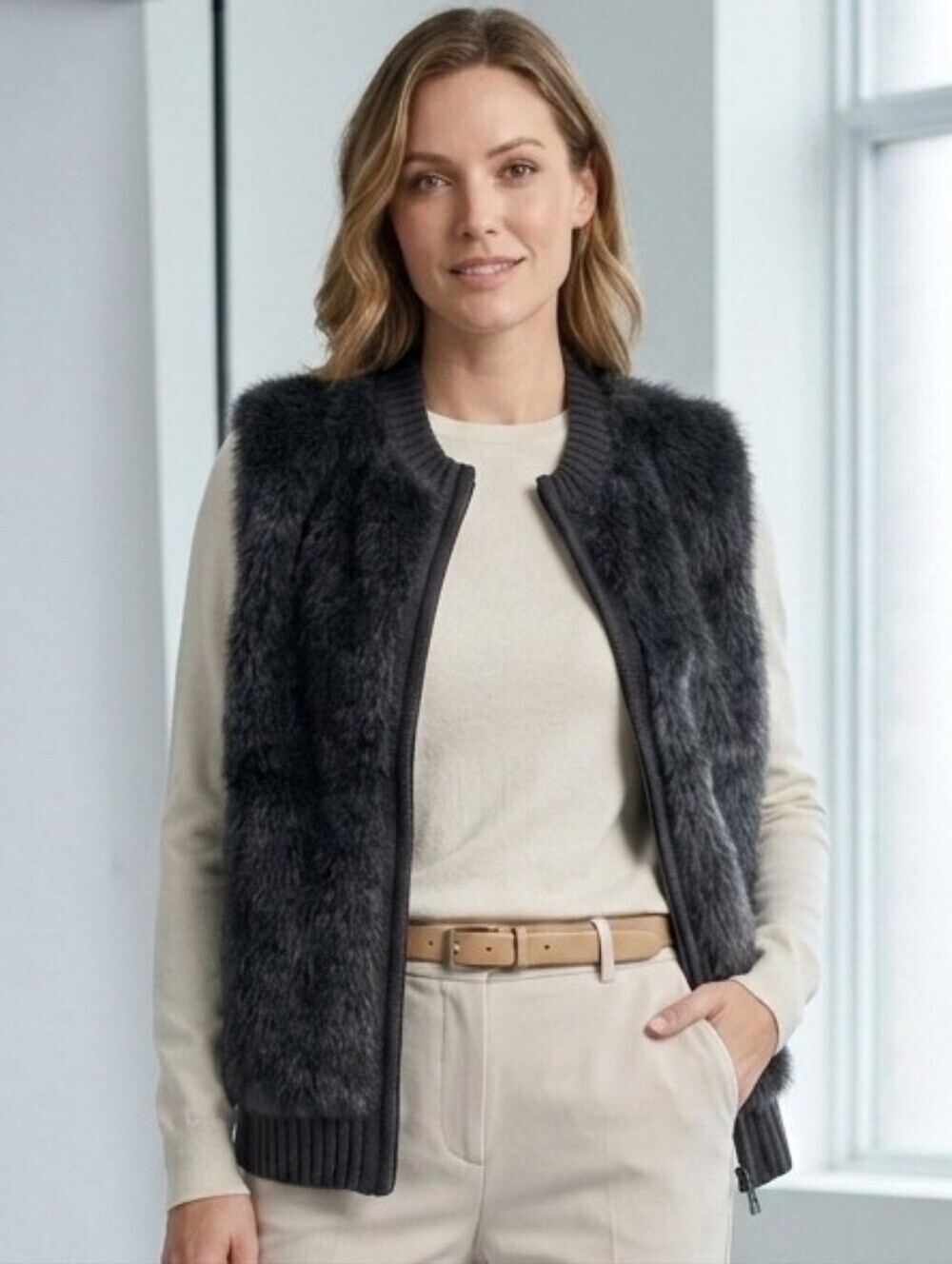 LOVE CHANGE ITALY Faux Fur and Side Knit Detail Vest with Zipper Closure